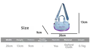 Size chart showing light blue oxford bucket bag dimensions 20x13x9cm and specifications