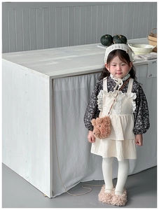 Cute plush bear crossbody bag styled with a girl's floral dress and knit bonnet