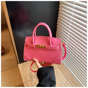 Detailed view of pink mini handbag with textured leather and gold-toned hardware lock
