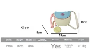 Tableau des tailles pour sac bandoulière enfant montrant 19cm de large et tissu composite