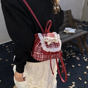 Sweet red plaid kids backpack with lace trim and cute white cat doll for girls