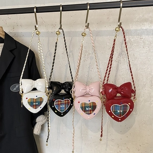 Sac Bandoulière Cœur Enfants Cuir PU Chaîne Métal Nœud Doux Plaid Petites Filles Petit Sac À Main Épaule Mignon