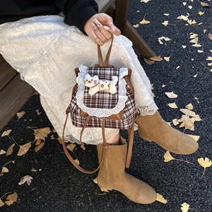 Sweet plaid girl backpack with lace trim and cute white cat doll on the cover