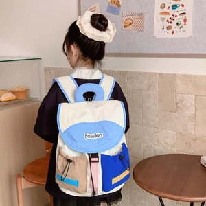 Fashion contrast color backpack for kids with drawstring side pockets and top handle