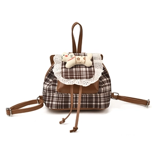 Plaid small backpack for girls with lace trim and a cute plush white cat doll
