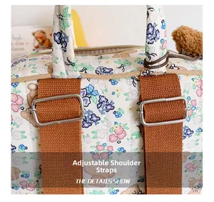 Detail view of the adjustable brown nylon shoulder straps on the beige cartoon bear backpack