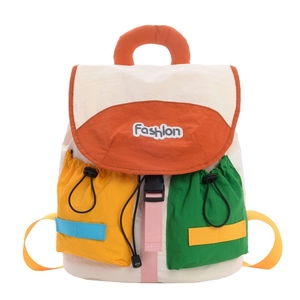 Kids colorful contrast backpack with drawstring pockets and fashion buckle detail