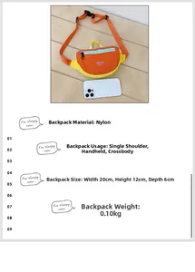 Detailed view of kids' nylon crossbody bag featuring orange-yellow panels and dimensions