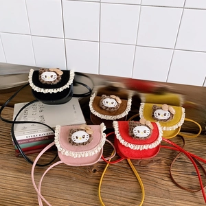 Mini Sac À Bandoulière Pour Enfants Cuir PU Bordure En Dentelle Chat Cartoon Nœud Sac À Épaule Mode Pour Filles