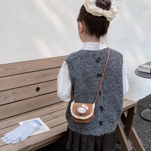 Mini sac bandoulière enfant marron avec dentelle et poupée de chat mignonne