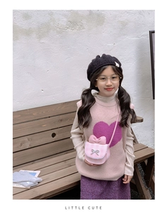 Pink plaid bow crossbody bag styled with a heart vest and plush purple skirt