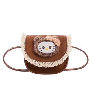 Petit sac bandoulière enfant en daim marron avec dentelle et motif chat léopard