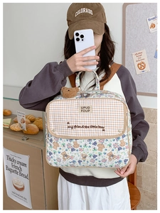 Detail of cartoon bear floral backpack with plaid flap and cute plush charm in bakery