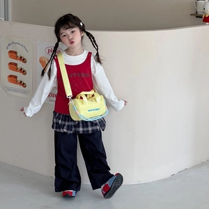 Korean style kids yellow lettered bucket bag with blue details for boys and girls