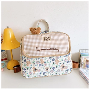 Detail of quilted kids backpack with cute bear patterns and floral embroidery texture