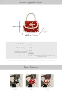 Detailed view of polka dot mini bag with bear logo, gold chain, and size dimensions