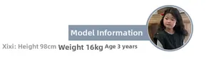 Size chart detail for girls' quilted vest showing model height 98cm and weight 16kg