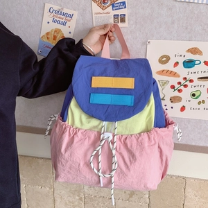 Kids color-block drawstring backpack in blue yellow and pink waterproof nylon fabric