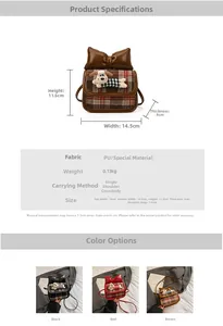 Detailed size chart showing dimensions for mini cartoon dog crossbody bag with bow