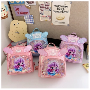 Details glitzernder Kleinkinder-Rucksäcke mit Flügeln in Blau- Rosa- Lila