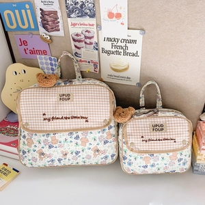 Kids Backpack Cute Cartoon Bear Floral Plaid Canvas Schoolbag For Toddlers Girls Boys Kindergarten Daily Use