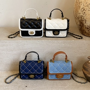 Kids Mini Crossbody Bag Quilted PU Leather Denim Shoulder Handbag Chain Strap Fashion Small Square Purse For Girls