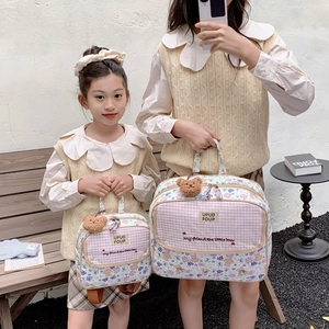 Japanese style cartoon bear floral backpacks for parent and child in pink and white plaid