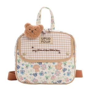 Japanese style cartoon bear children's floral backpack with brown plush bear design