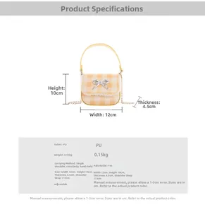 Detail of mini plaid bag with silver bow buckle, lace trim, and dimensions 12x10x4.5cm