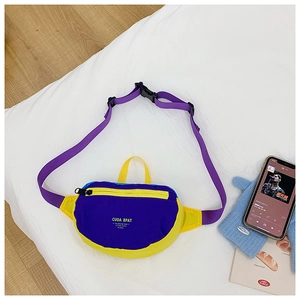 Detail of colorful canvas waist bag with adjustable purple strap and buckle closure