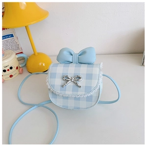 Close-up of light blue plaid children handbag with lace trim and bow knot detail