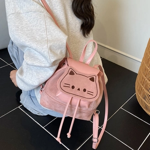 Pink cartoon cat mini backpack with matte suede texture and cute cat embroidery