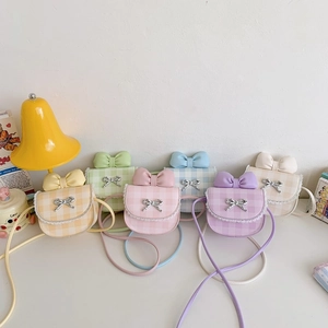 Kids Girls Mini Crossbody Bag PU Leather Gingham Plaid Pattern With Large Bow And Lace Trim Cute Sweet Fashion