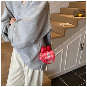Sac bandoulière rose à carreaux pour fille avec motif chien mignon et grand nœud rouge