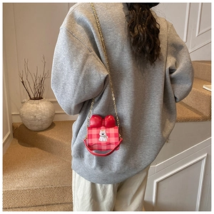 Sac bandoulière enfant à carreaux roses avec nœud rouge et broderie chiot mignon