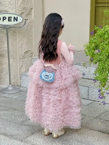 Rosa gestuftes Tüllkleid und blaue Herz-Spitzentasche in der Rückansicht gezeigt