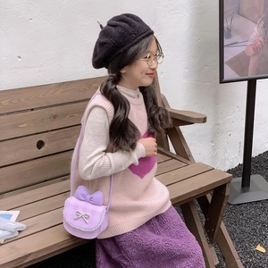 Mini purple plaid shoulder bag with cute bow and lace for young girls and children