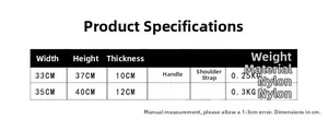 Detailed size chart for large nylon school backpack showing dimensions and product weight