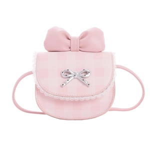 Pink checkered mini crossbody bag for kids featuring white lace trim and bow detail