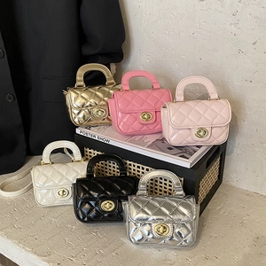 Mini Quilted Shoulder Bag For Girls PU Leather Diamond Lattice Top Handle Crossbody Handbag Fashionable Princess Style