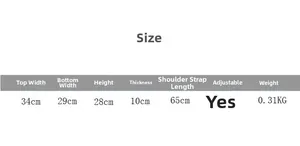 Detailed size chart for the polka dot backpack showing dimensions and strap length