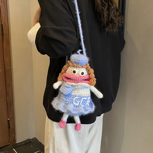 Sac bandoulière amusant en crochet pour enfants avec poupée rigolote et robe bleue
