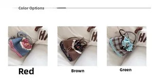 Detailed view of mini drawstring bucket bags in plaid, floral, and polka dot patterns