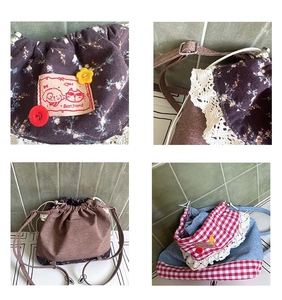 Detail of drawstring bucket bag with floral patterns, lace trim and cute sewn labels