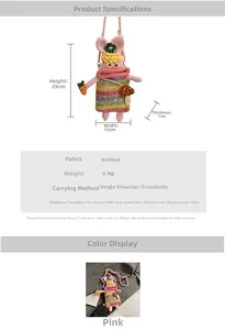 Detail specifications of handmade crochet pig bag with colorful stripes and cute charms