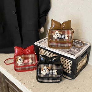 Kids Mini Shoulder Bag Plaid Checkered PU Leather Cartoon Dog Decor Large Bow Crossbody Autumn Winter For Toddlers