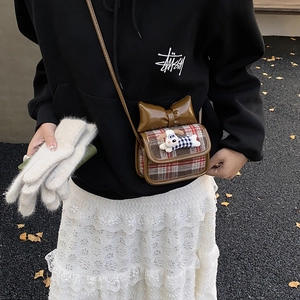 Kids plaid crossbody bag featuring a 3D plush puppy and large bow for autumn winter