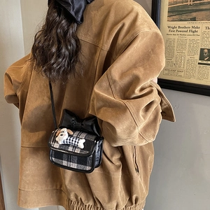 Kids plaid crossbody bag with large bow and cute puppy charm for autumn fashion