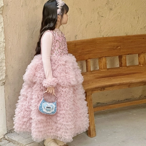 Rosa Pailletten Prinzessinnenkleid für Mädchen mit Tüllrock und herzförmiger Handtasche