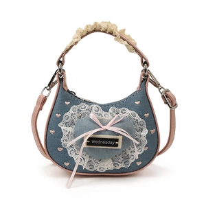 Süße Mini-Handtasche aus Denim mit Spitze, rosa Herzstickerei und Gurt für Mädchen